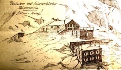 Alte Mainzer Hütte (Notbau) und Neue Mainzer Hütte (unten) lt. genehmigtem Plan 1907 | © DAV Sektion Mainz