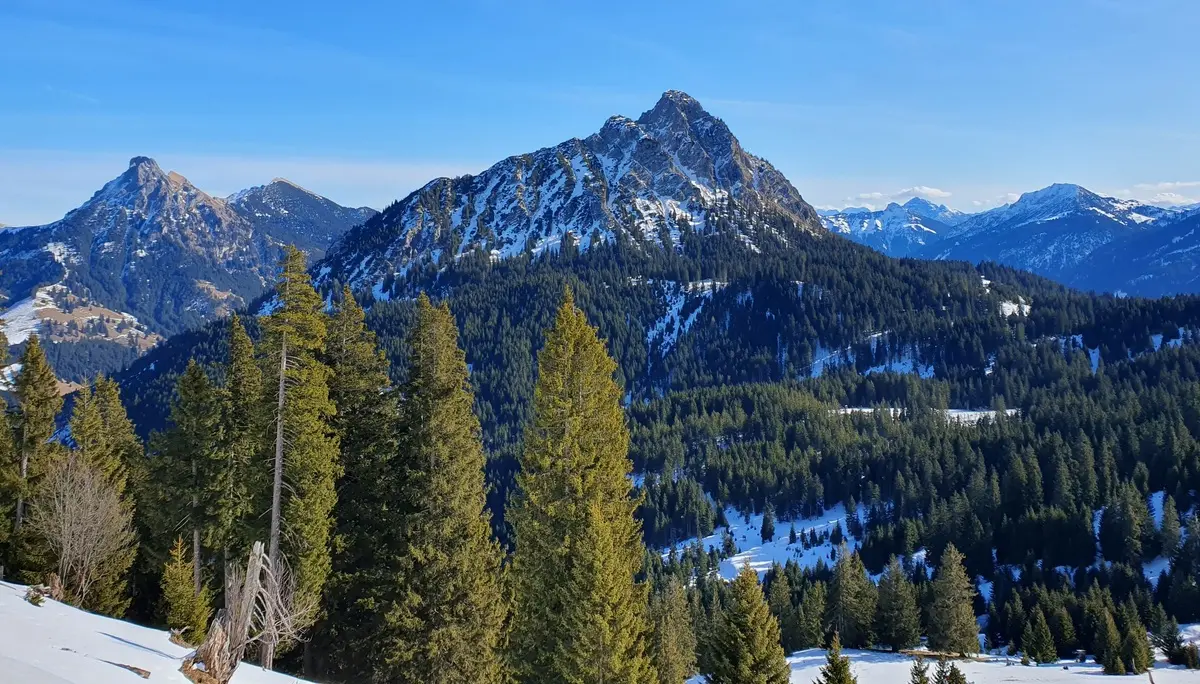 Ausblick auf Aggenstein (links) und Einstein (Mitte) | © DAV Mainz / Tourengruppe Schneeschuhtouren im Tannheimer Tal (04.-08.02.2026)