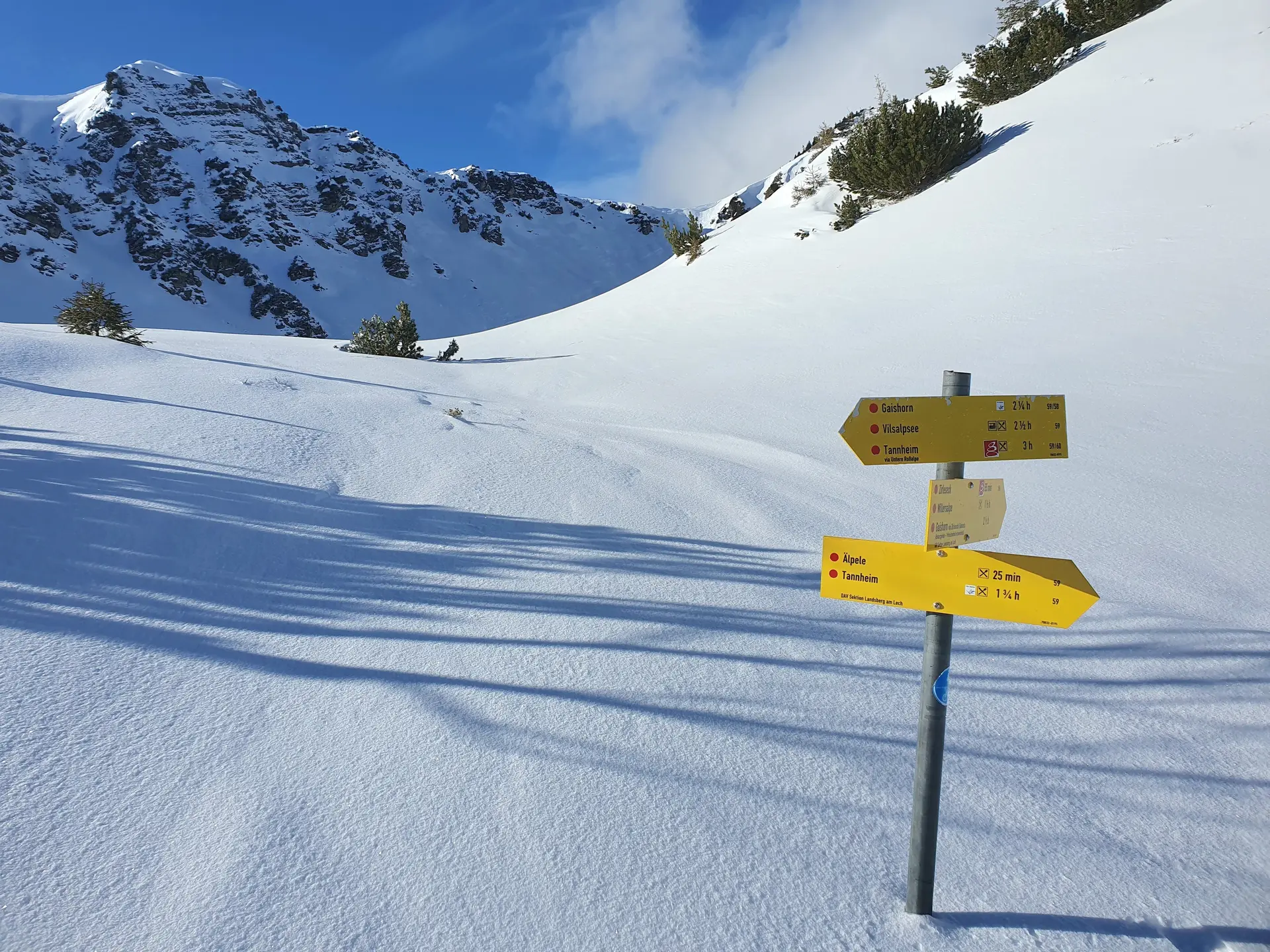 Wegweiser sorgen trotz Neuschnee für Orientierung | © DAV Mainz / Tourengruppe Schneeschuhtouren im Tannheimer Tal (04.-08.02.2026)