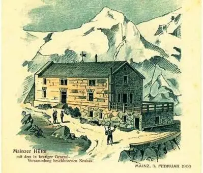 Die von der Sektion Mainz erstmals wieder aufgebaute Hütte mit Anbau (um 1900)  | © DAV Sektion Mainz